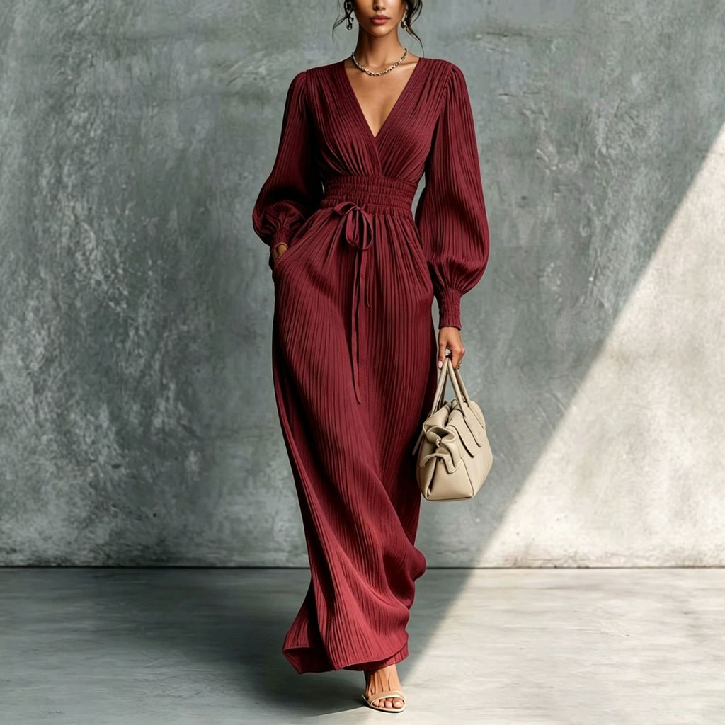 Solid color casual waist cinched long sleeved dress