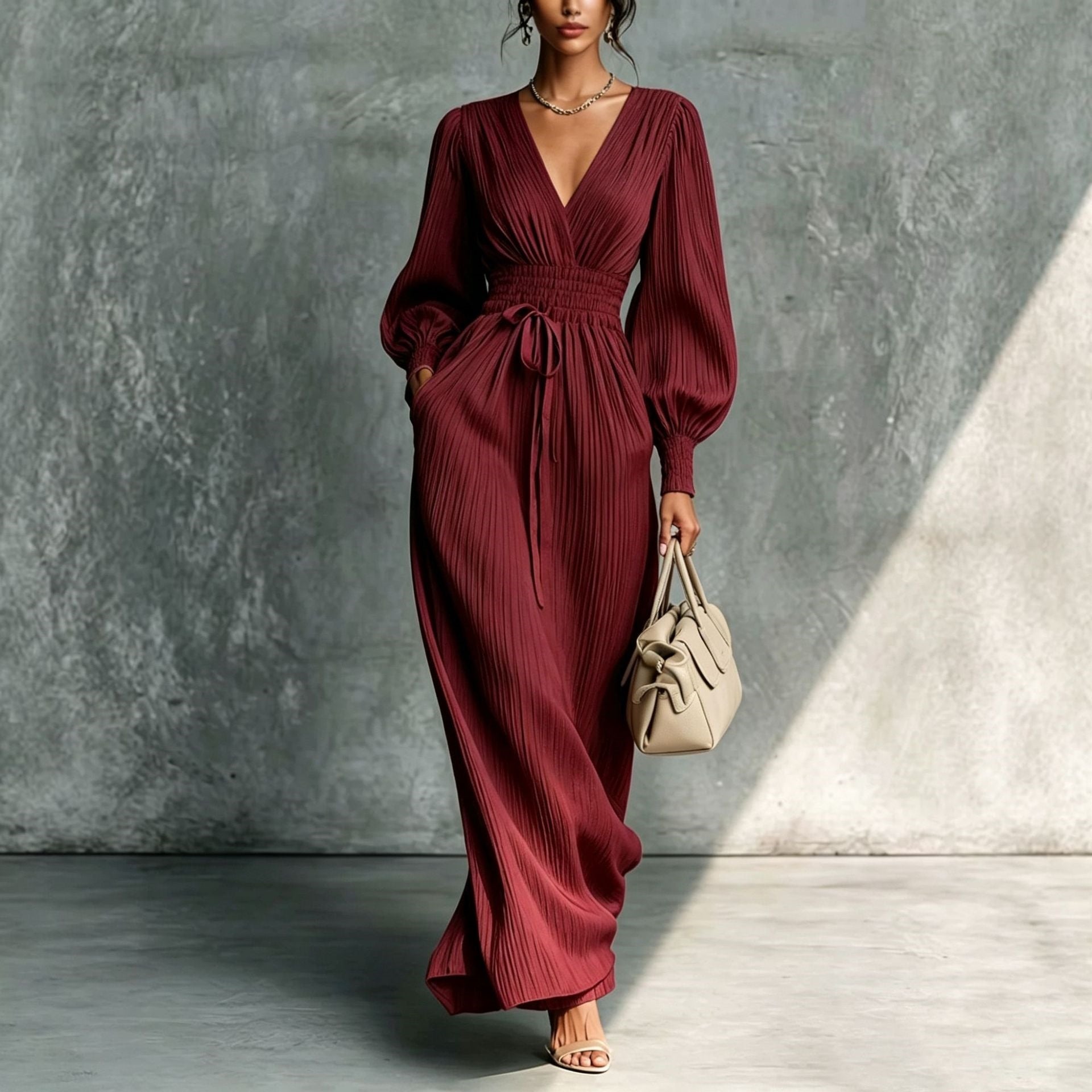 Solid color casual waist cinched long sleeved dress