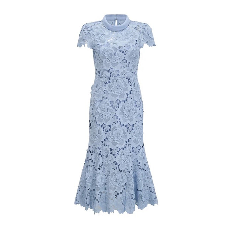 High neck short sleeved lace dress