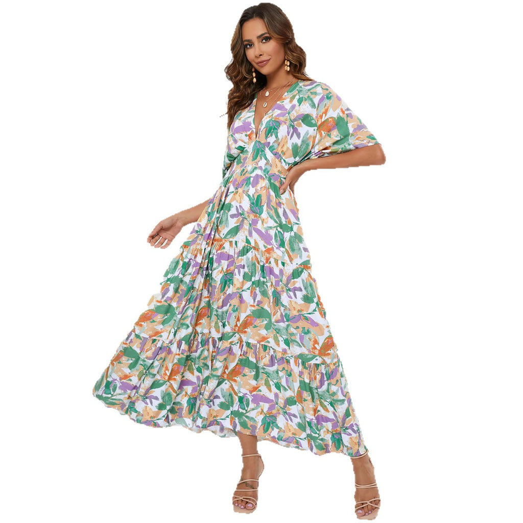 V-neck waist cinched printed dress