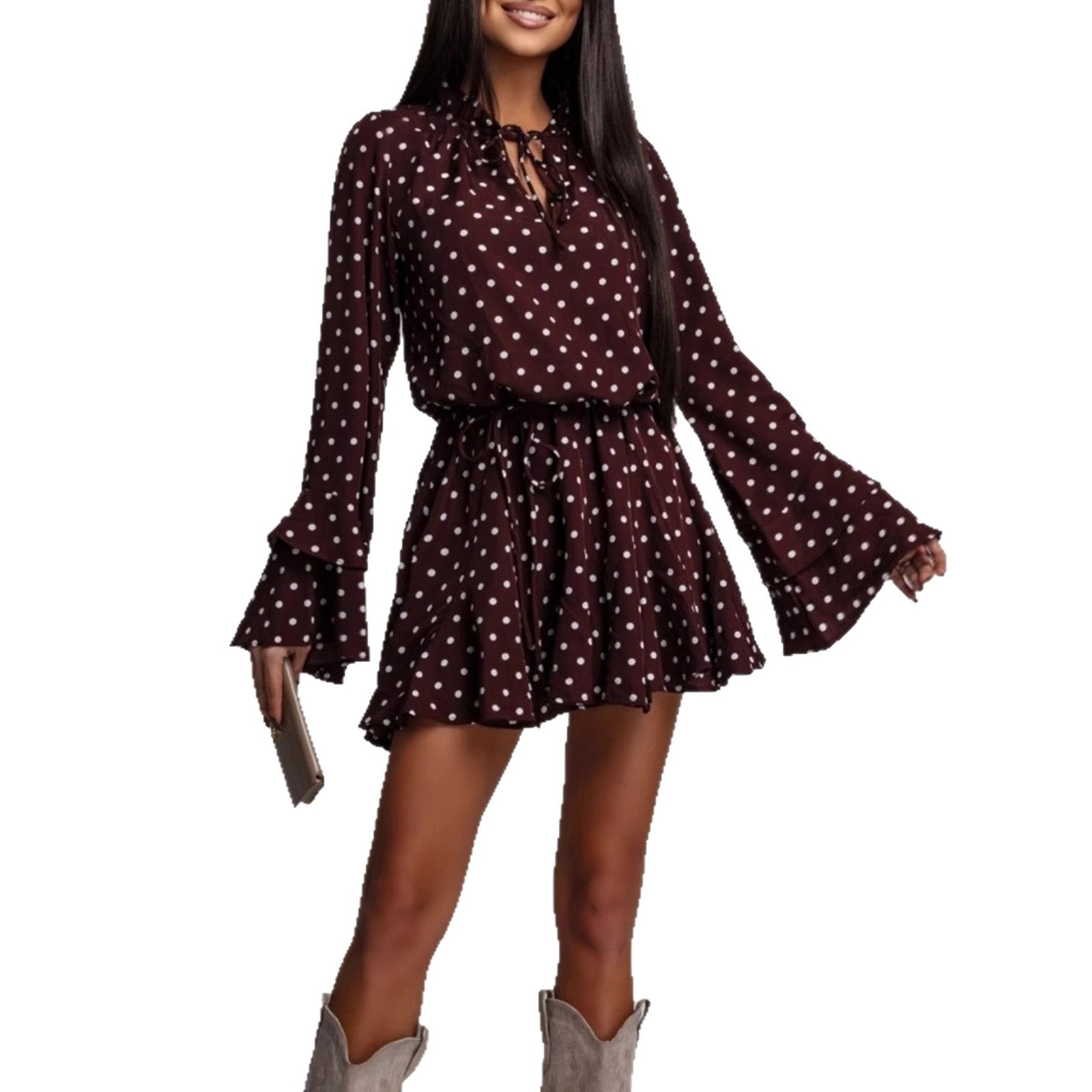 Dotted Dress French Sweet V-Neck Long Sleeve Elastic Waist Plus Size Dress