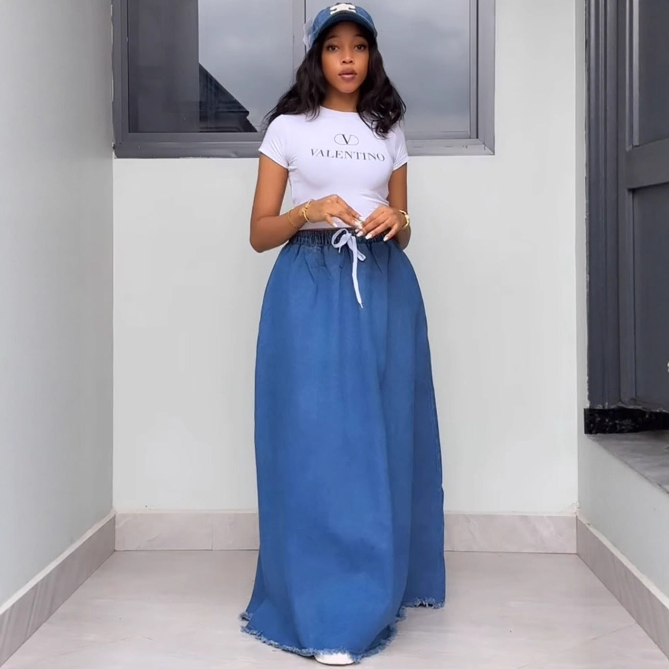Women's Denim Skirt, Washed Solid Color, Drawstring High Waist, Ruffle Long Skirt Fashion Style