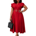Short sleeved solid color high waist mid length dress