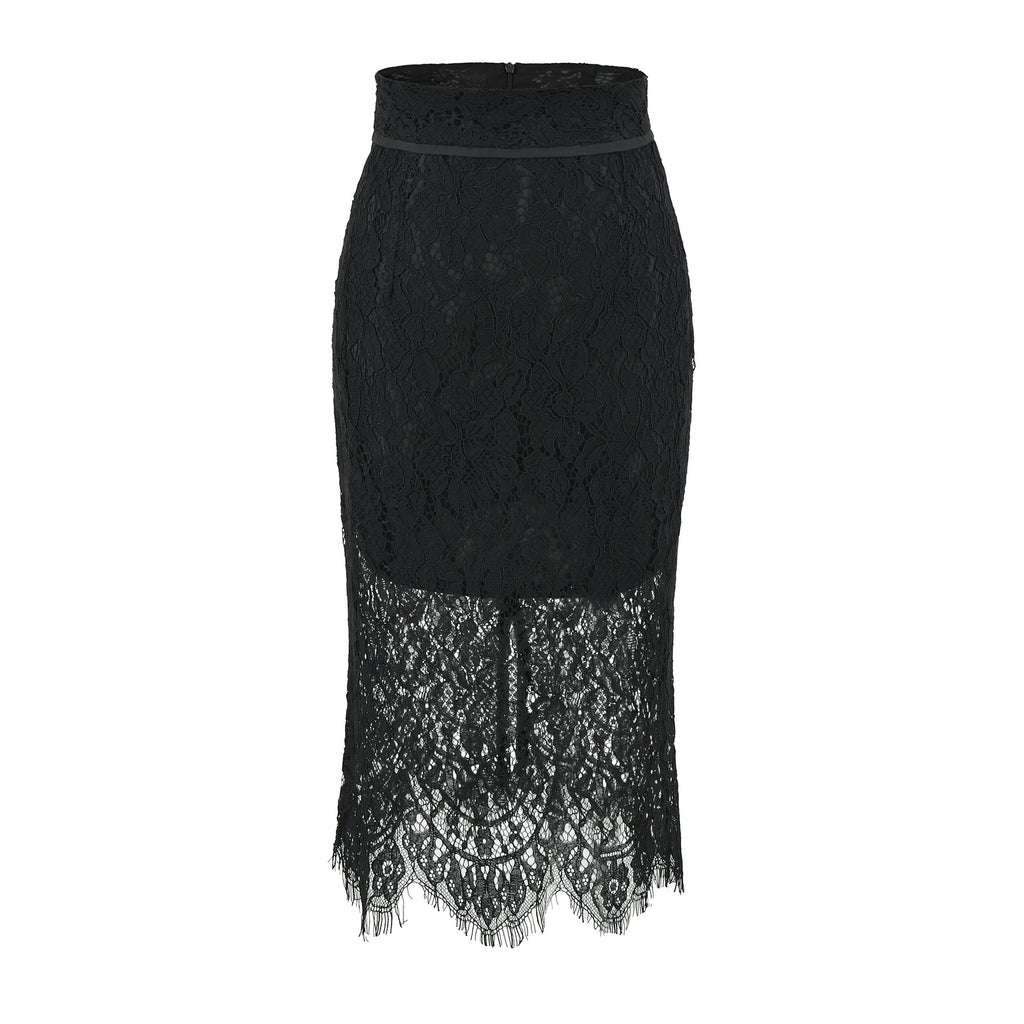 Black Hollow Lace Fitted High-End Women's Bodycon Mid-Length Skirt