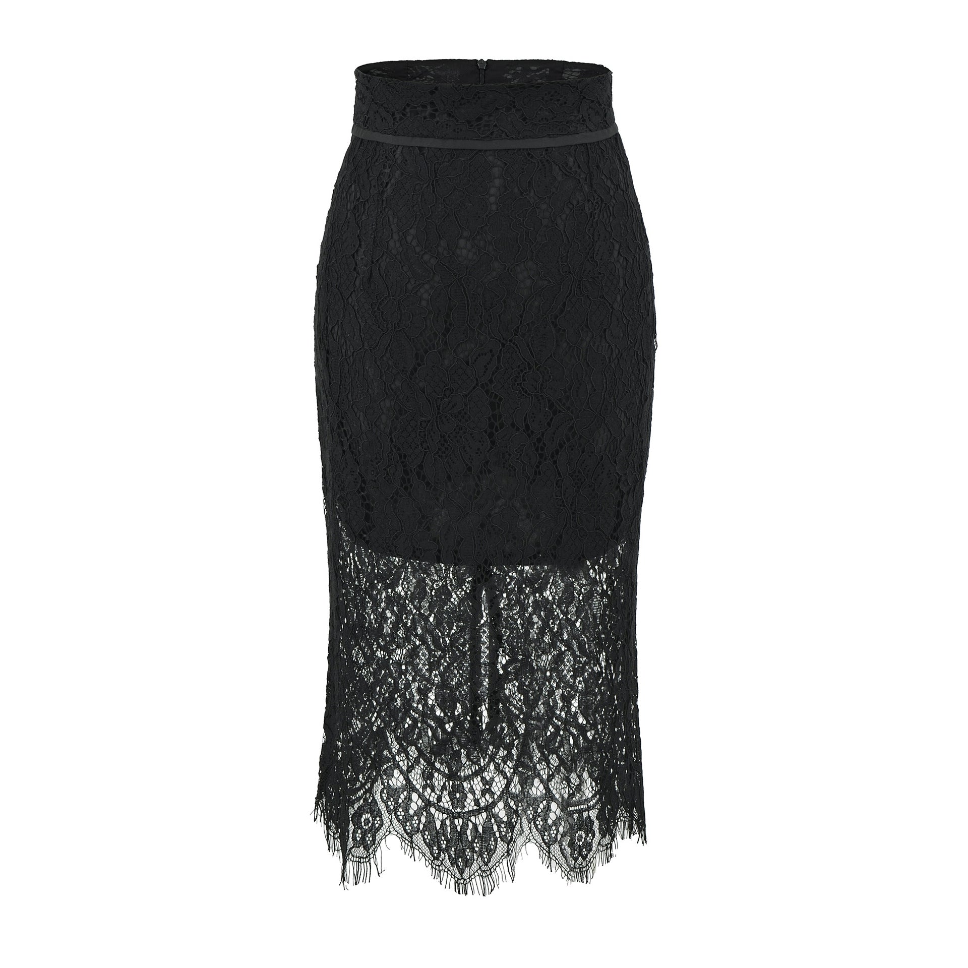Black Hollow Lace Fitted High-End Women's Bodycon Mid-Length Skirt