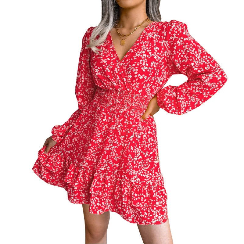 Spring Summer Floral V-Neck Chiffon Dress for Women
