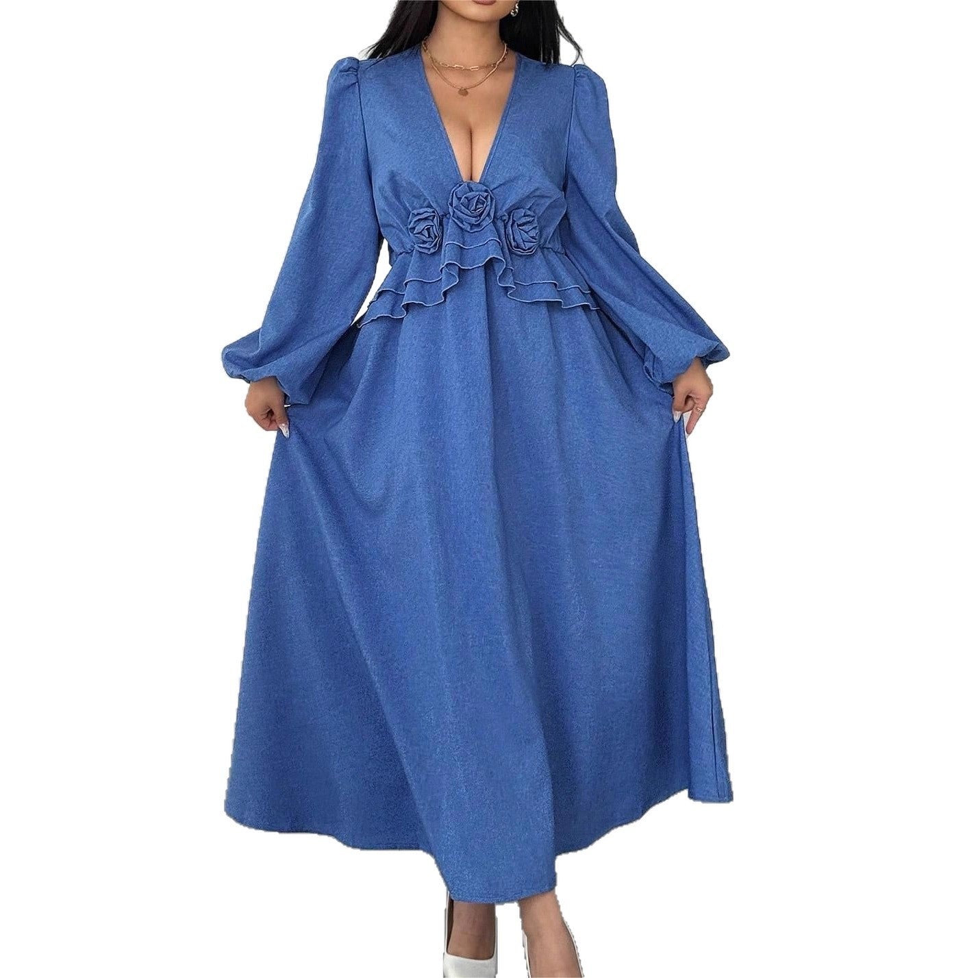 Fashionable V-Neck Floral Maxi Dress with Waist Cinching, Plus Size Women's Long Dress