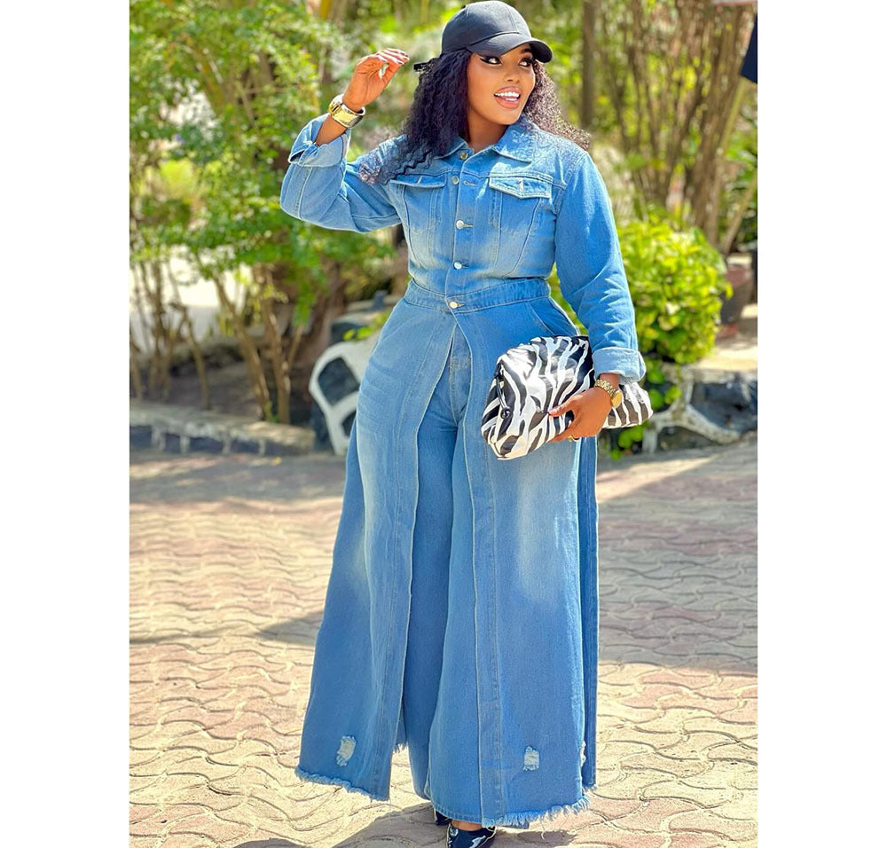 Style Loose Denim Long Coat Women's Autumn Winter Buttoned Open Front Long Sleeve Trench Coat Jacket