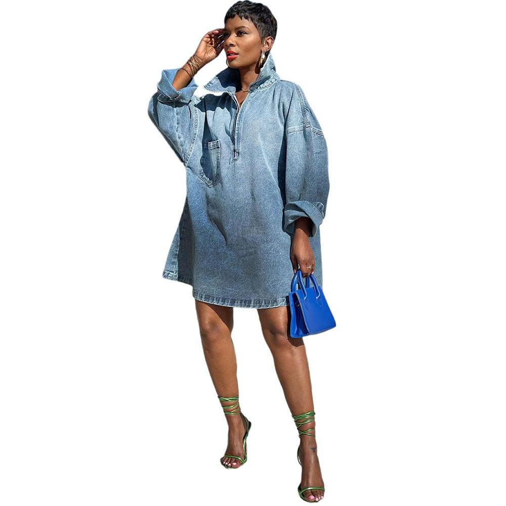 Chic Women's Loose Fit Dress with Turn-Down Collar, Gradient Color, Long Sleeve Denim Dress