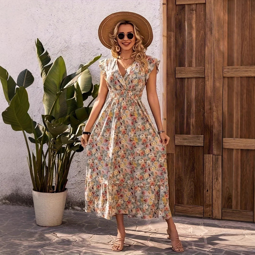 Clothing  Elegant Floral Print V-Neck Short Sleeve Fitted Dress