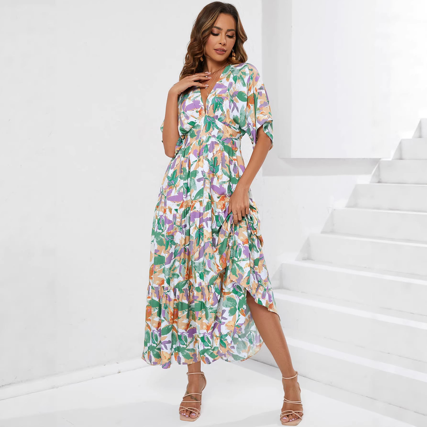 V-neck waist cinched printed dress