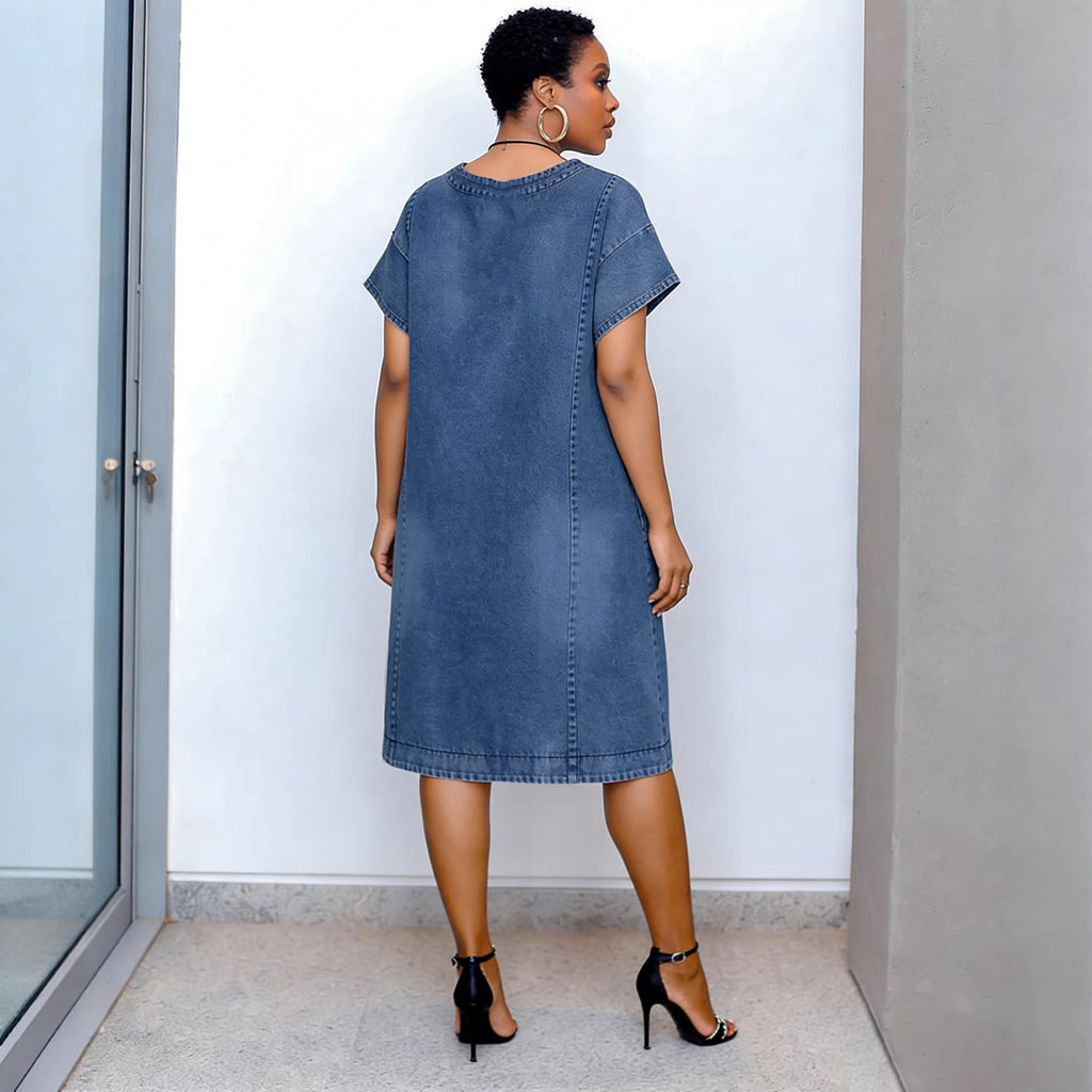 Casual Shoulder-Sleeve Short Sleeve Split Rounded Hem Denim Dress