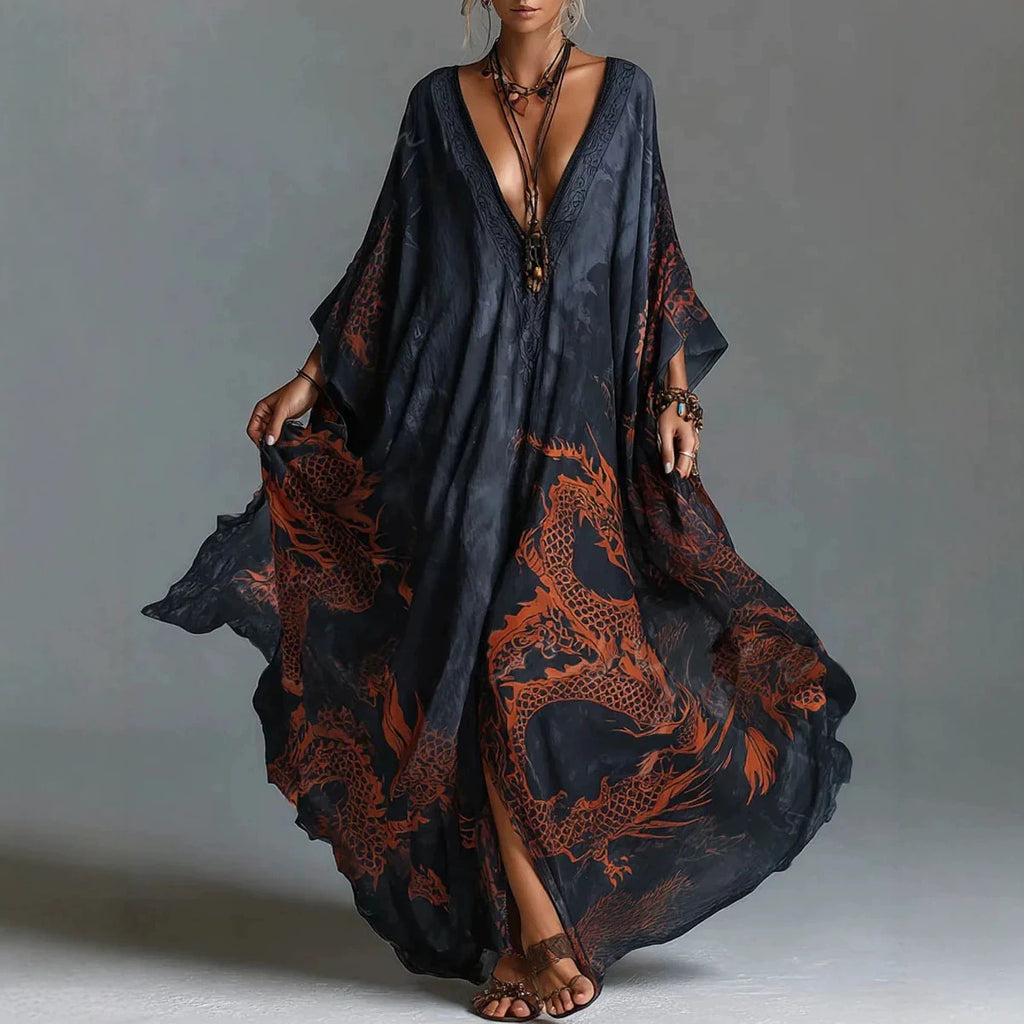 Dragon print beach vacation long dress outerwear