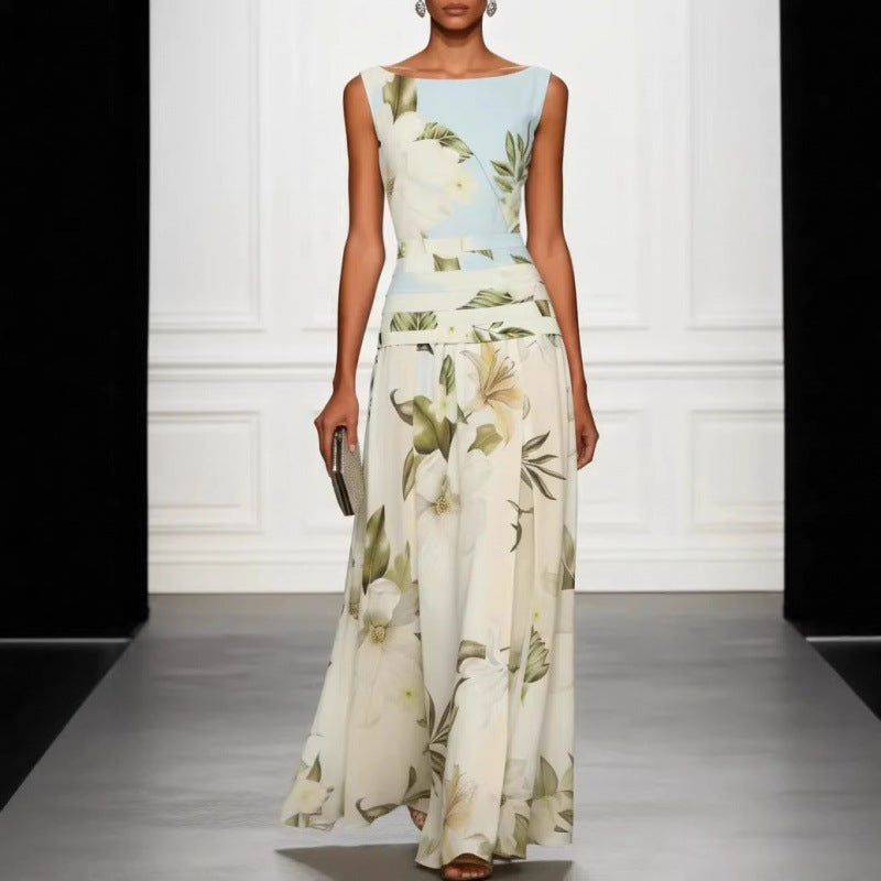 V-neck floral print women's dress sleeveless backless waist cinching long skirt