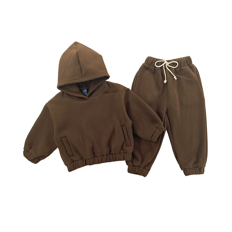 Solid color fleece hooded sweatshirt leg tied pants casual children's suit