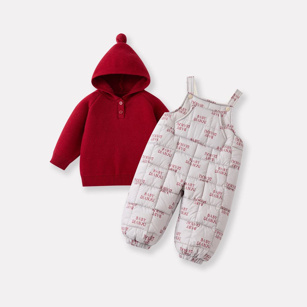 Cotton-Padded Fleece Letter Overalls Set with Hooded Sweater Two-Piece Outfit