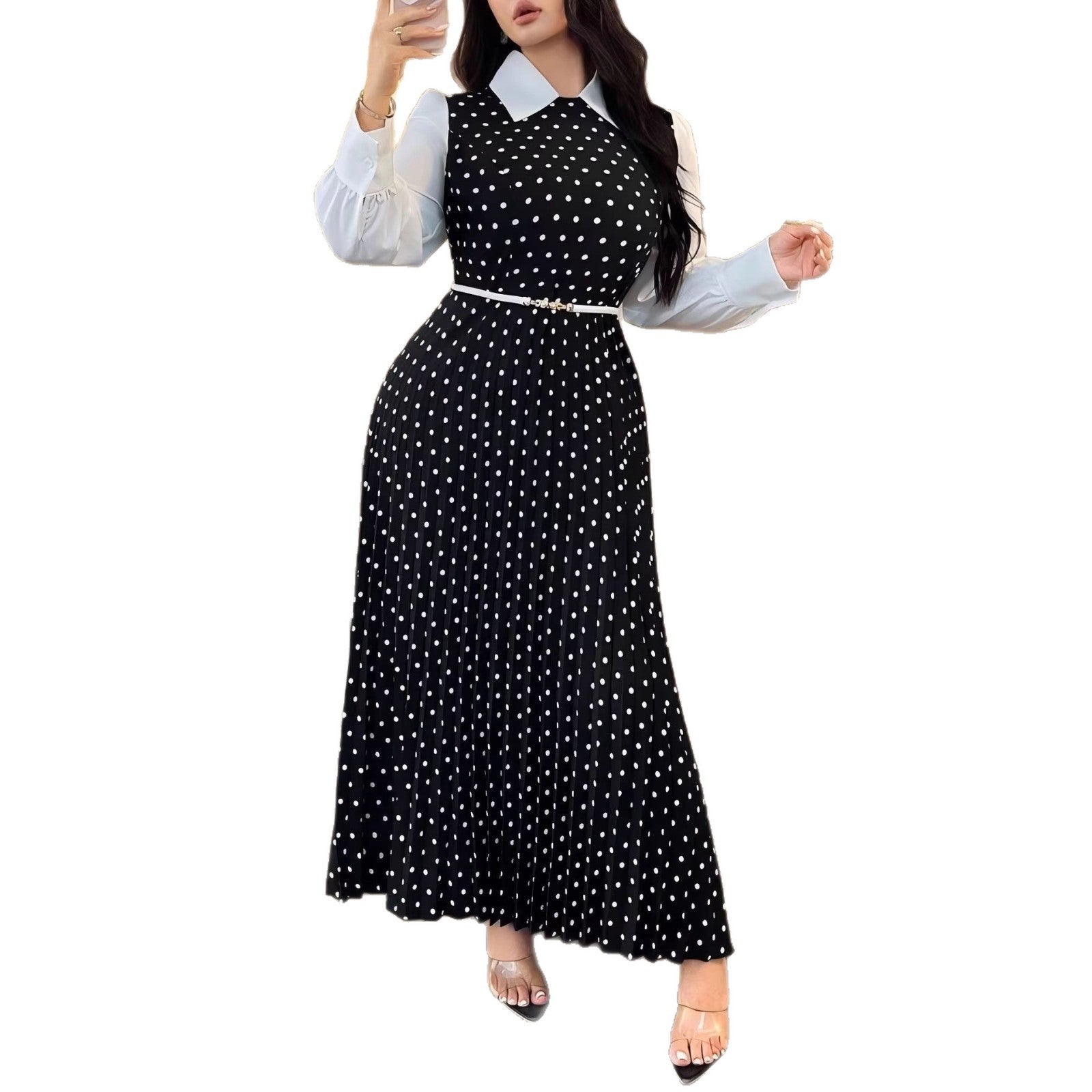 Elegant  Vintage Polka Dot High-Waisted Slim Fit Two-Piece Dress for Women