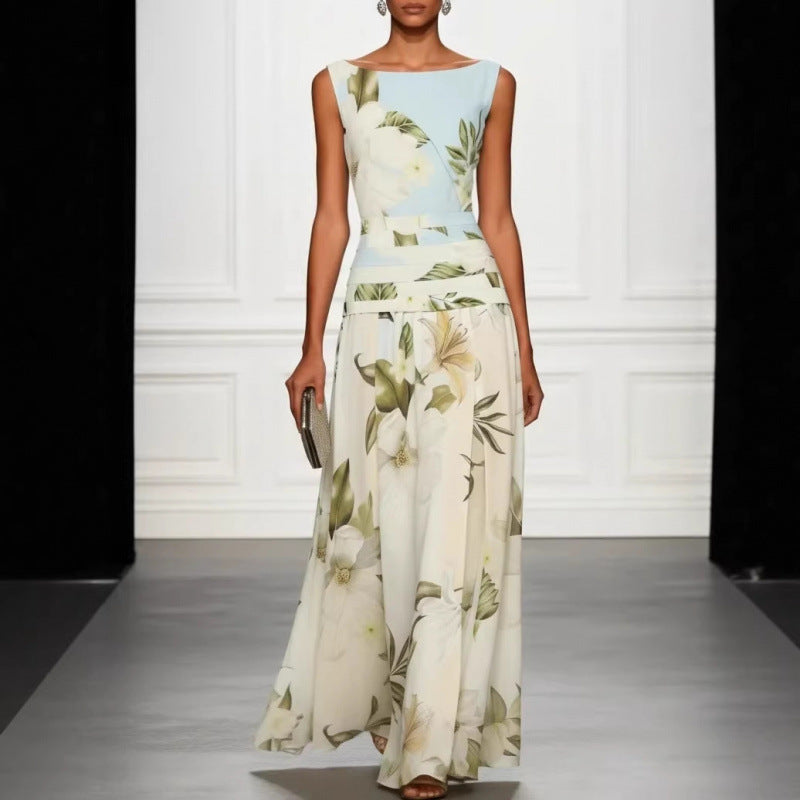 V-neck floral print women's dress sleeveless backless waist cinching long skirt