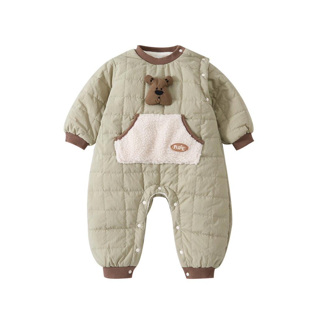 Quilted Onesie Baby Korean-Style Pockets Fleece-Lined Thick Long Romper Fashion