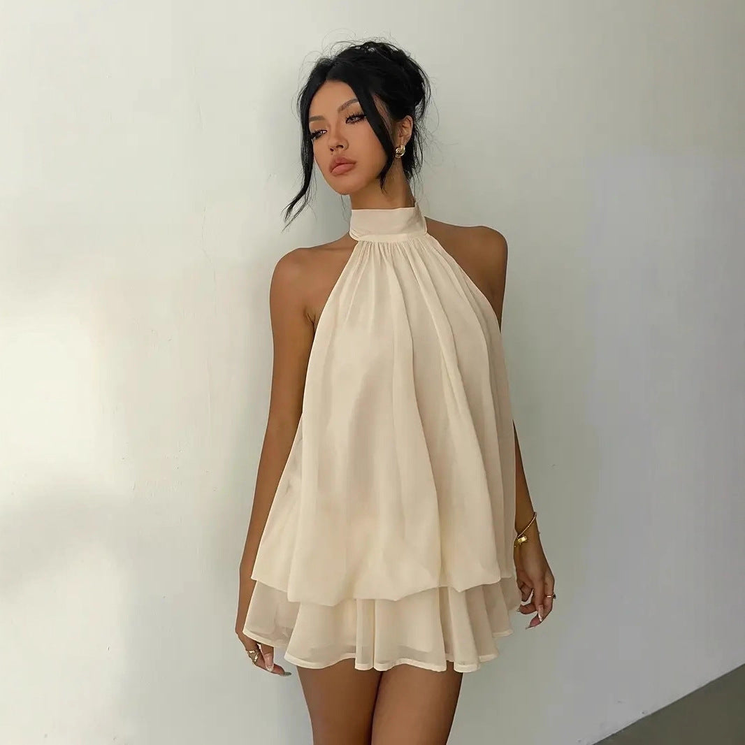 Women's vacation fitted sexy backless halter neck tie-waist dress with puffy short skirt