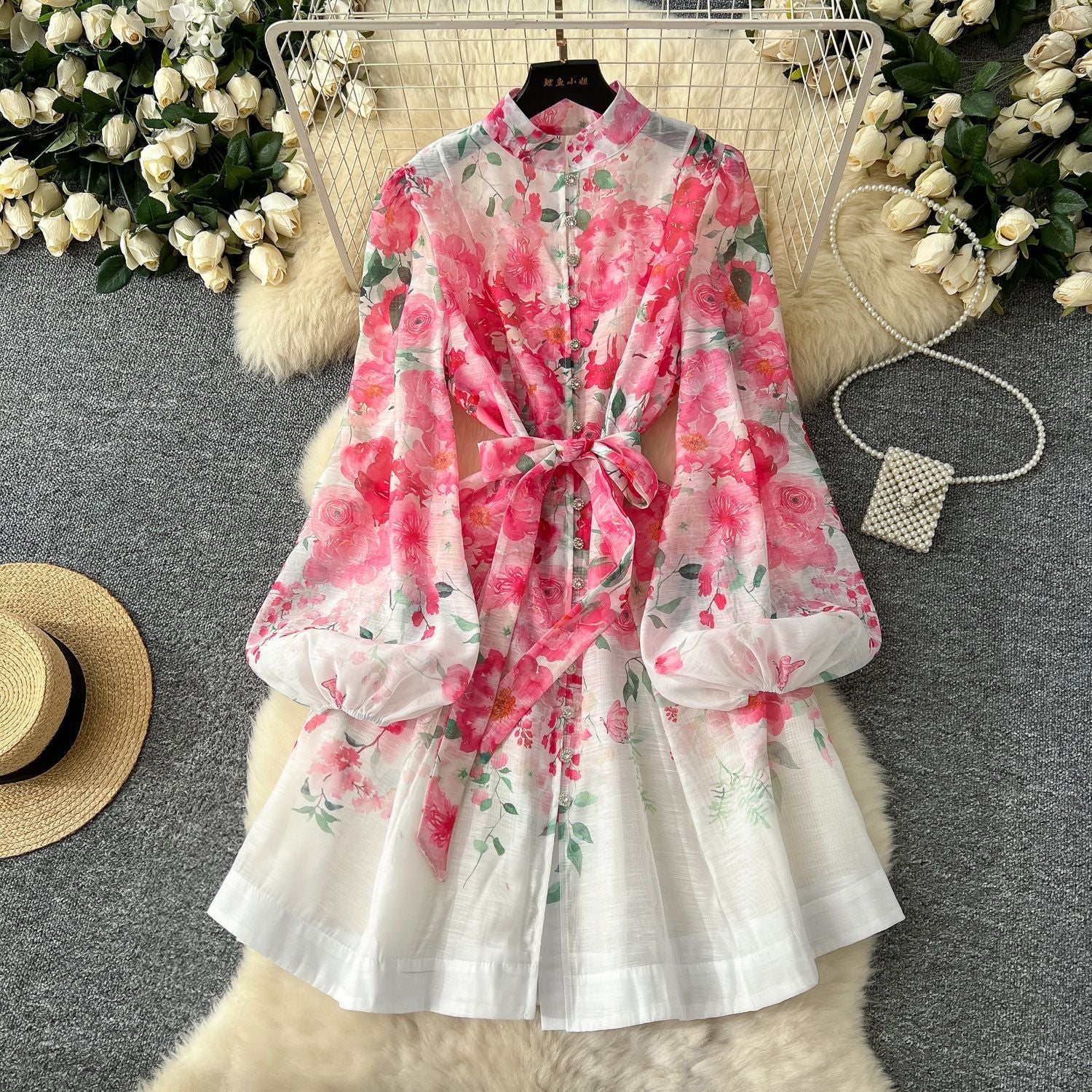 Stand up collar single breasted lantern sleeve dress