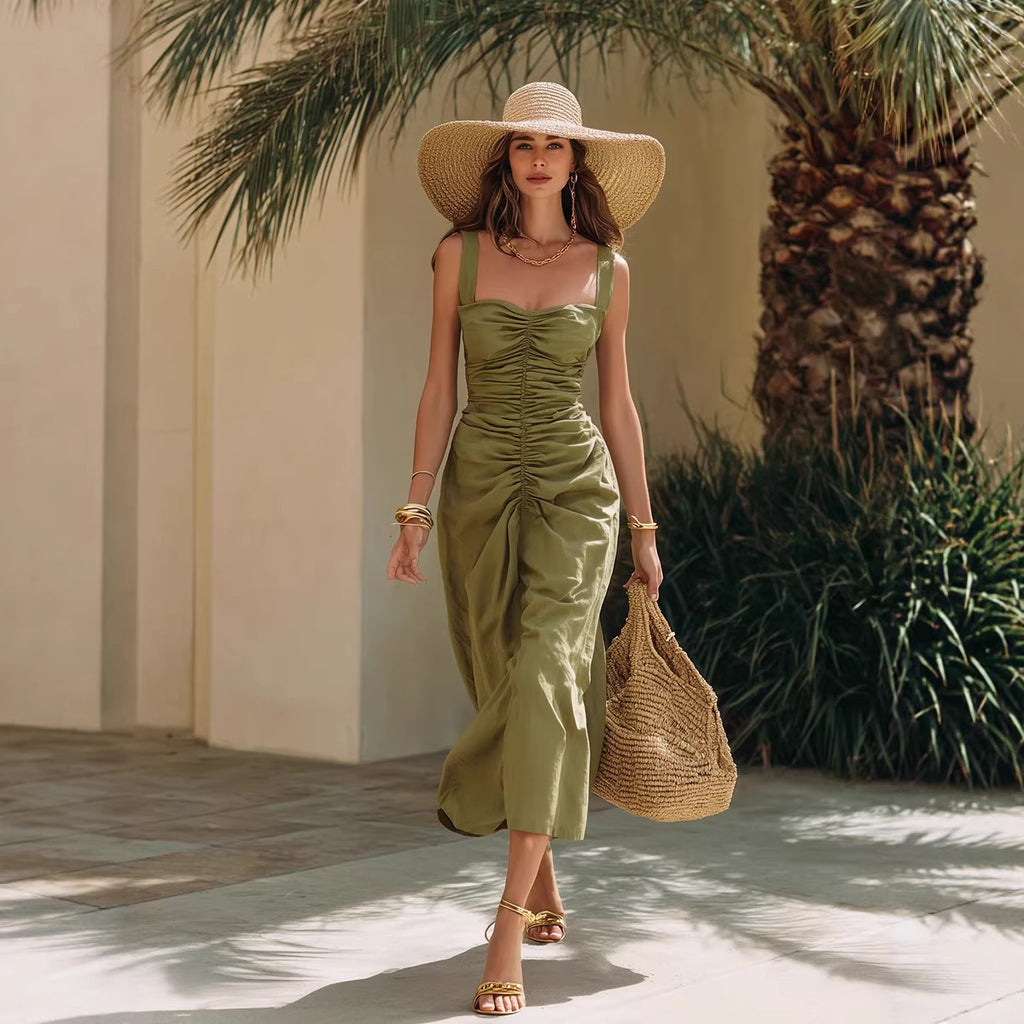 Vacation Dress with Pleated Waist, Strapless, Fitted Silhouette, Summer Fashion Dress