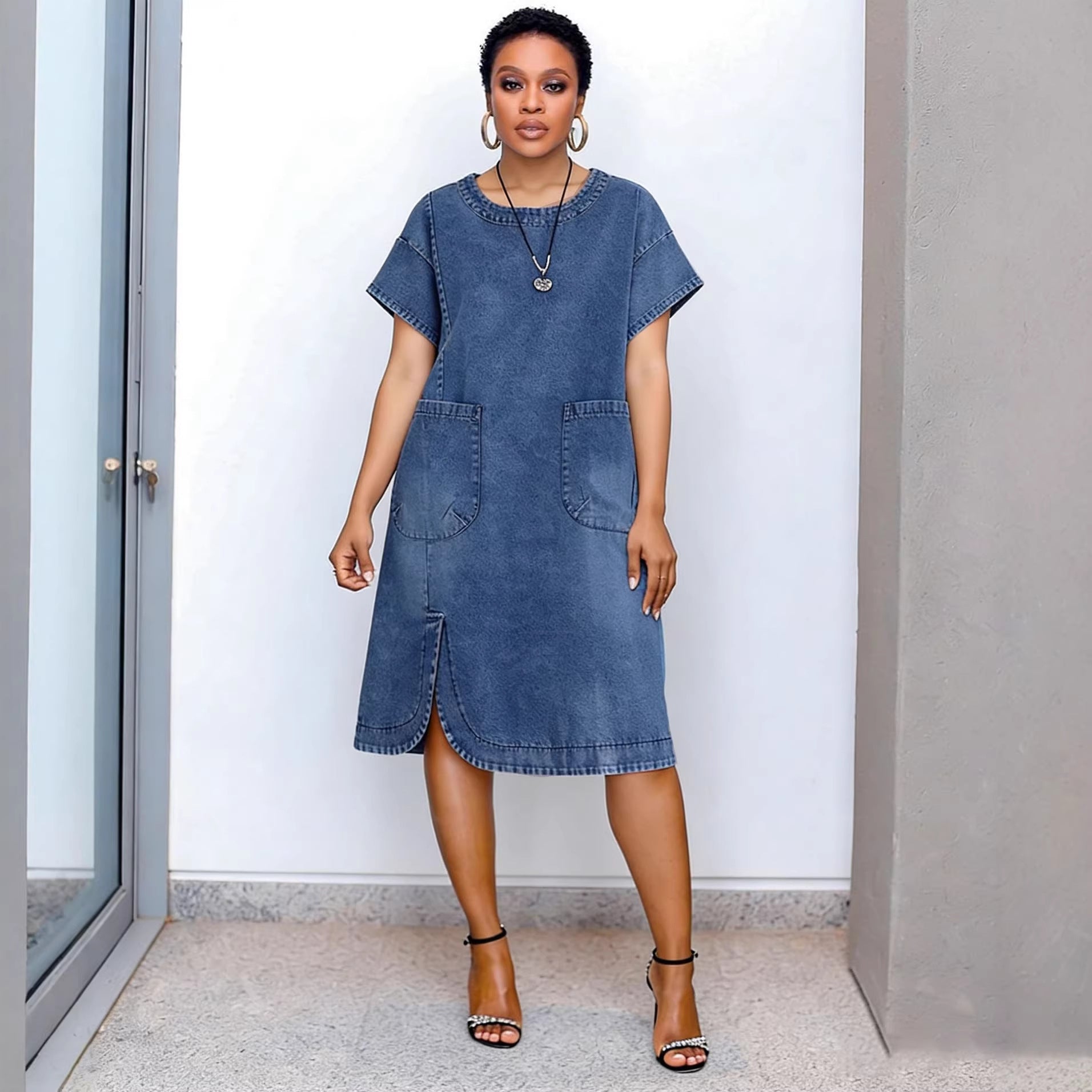 Casual Shoulder-Sleeve Short Sleeve Split Rounded Hem Denim Dress