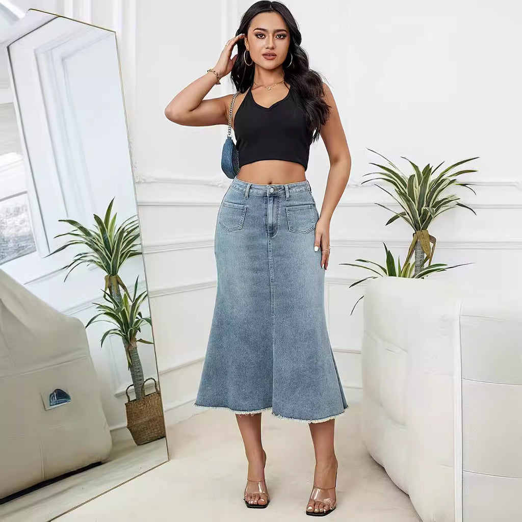 Style high-waisted denim skirt, street casual A-line floor-length frayed hem denim skirt