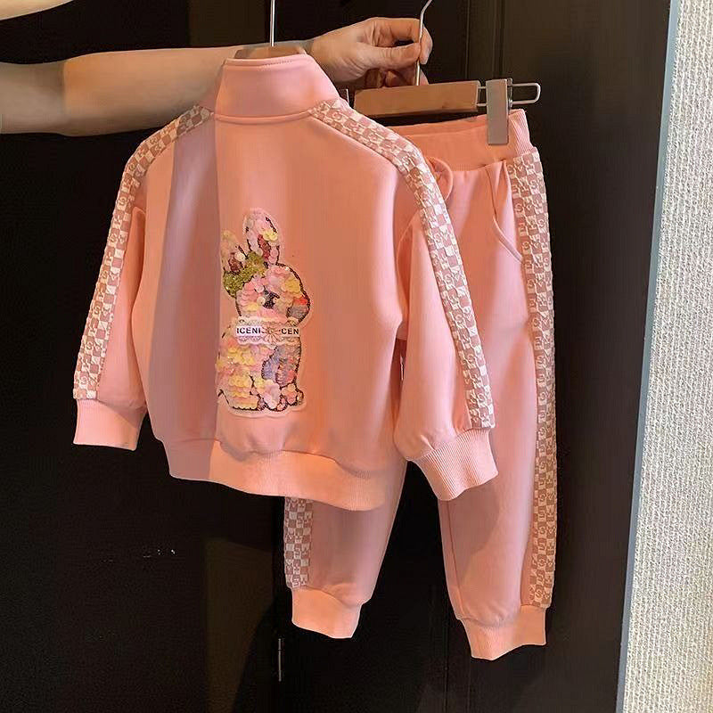 girls' two-piece set, trendy casual tracksuit jacket and hoodie outfit for kids