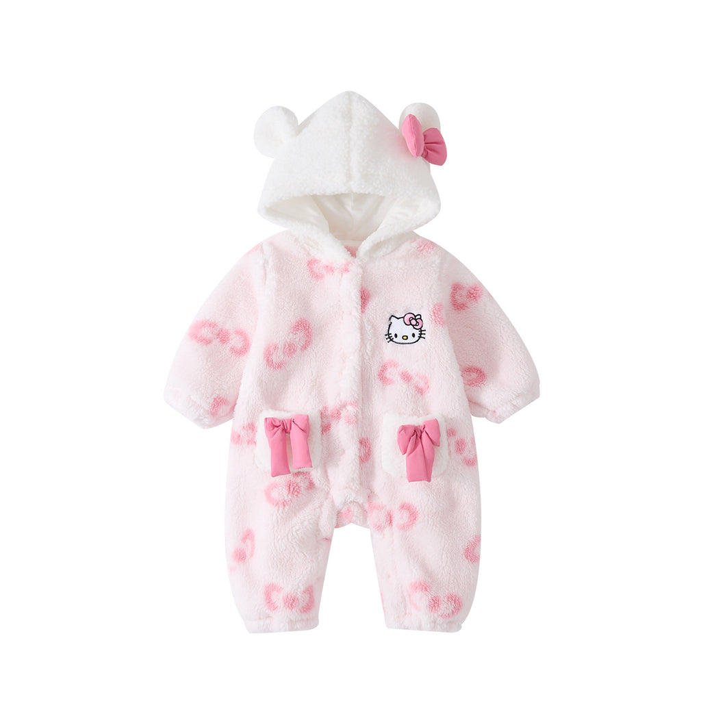 Printed Hooded Fleece Bodysuit for Baby Girls, Butterfly Print Warm Onesie