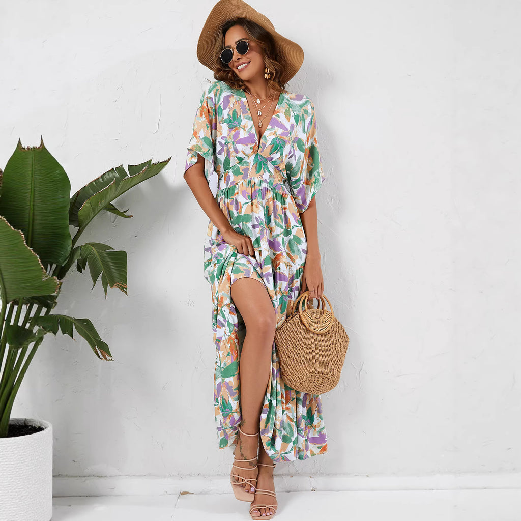 V-neck waist cinched printed dress