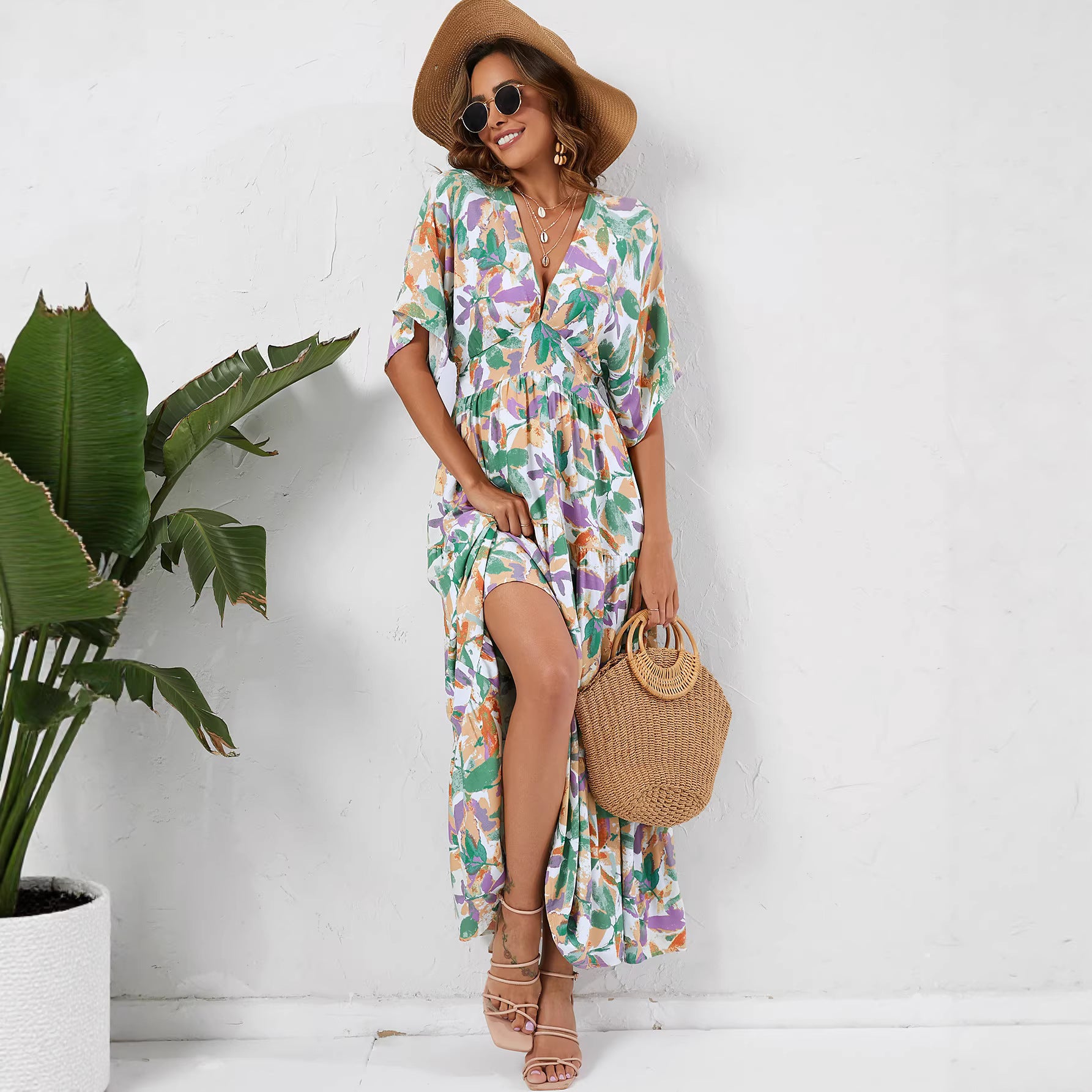 V-neck waist cinched printed dress