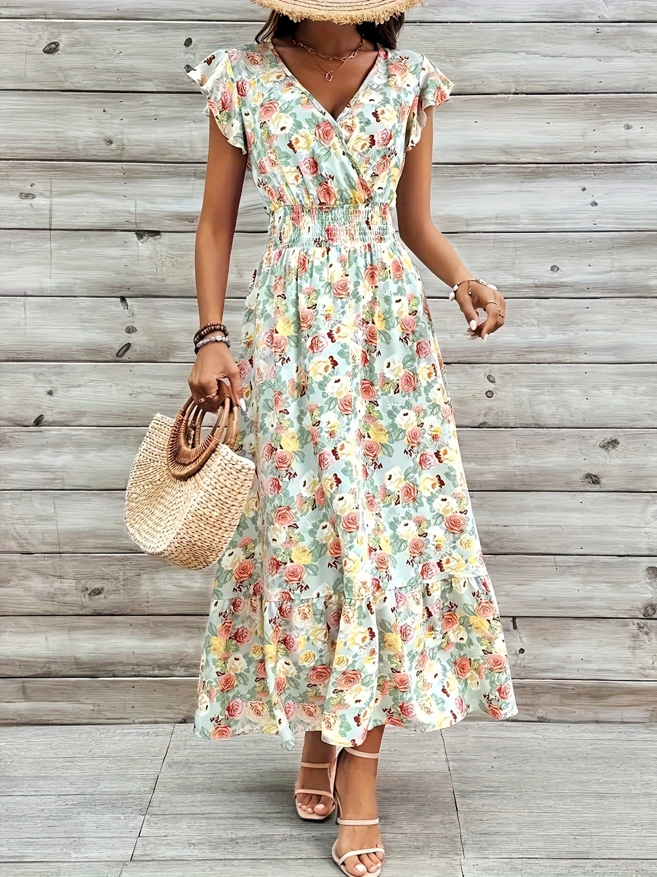 Clothing  Elegant Floral Print V-Neck Short Sleeve Fitted Dress