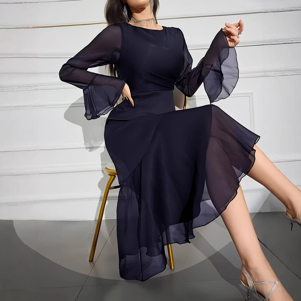 Elegant Round Neck Dress with Irregular Ruffle Pleats Slim Fit Long Sleeve New Style