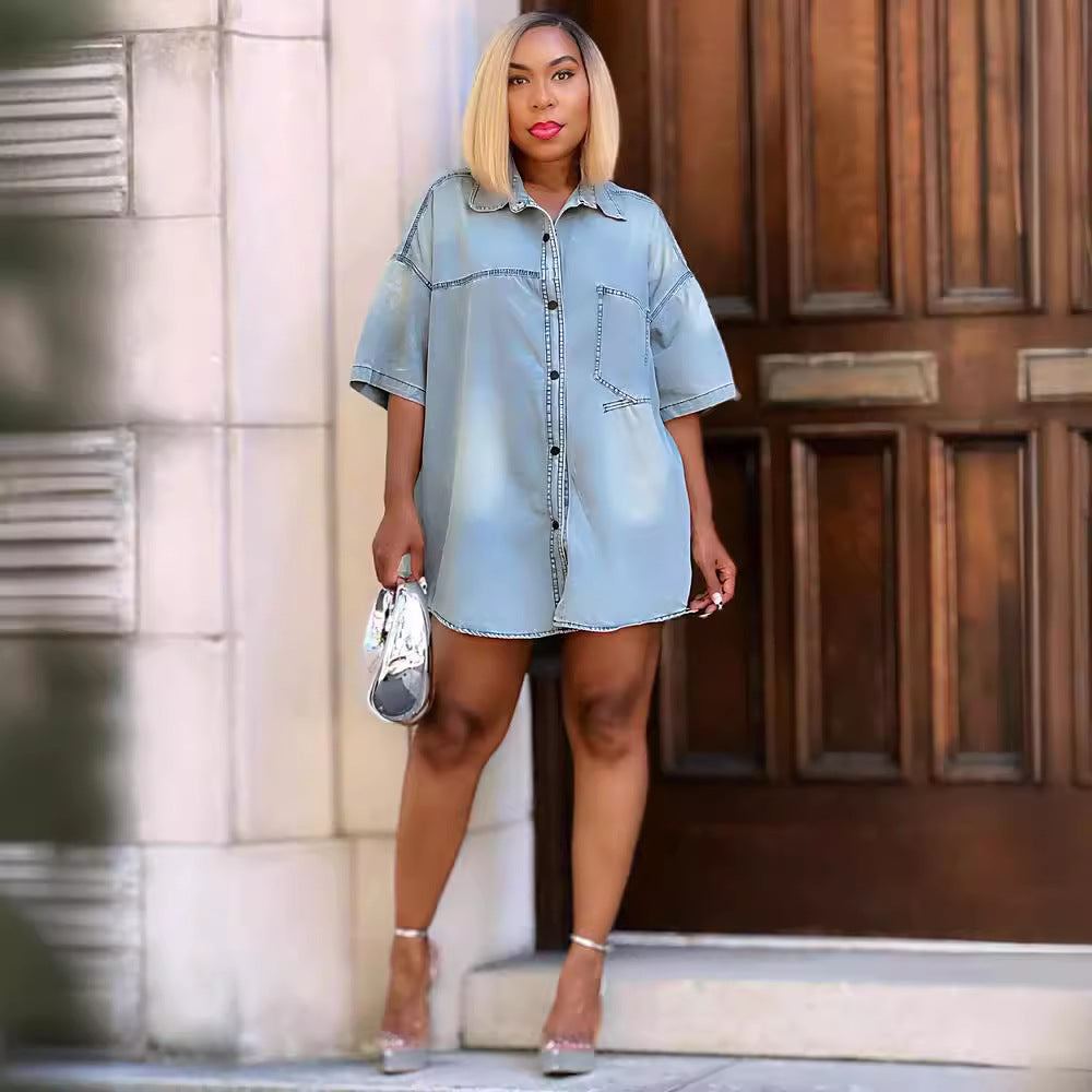 Casual Loose Short Sleeve Open Front Denim Shirt for WomenStreetwear, Summer Fashion Top