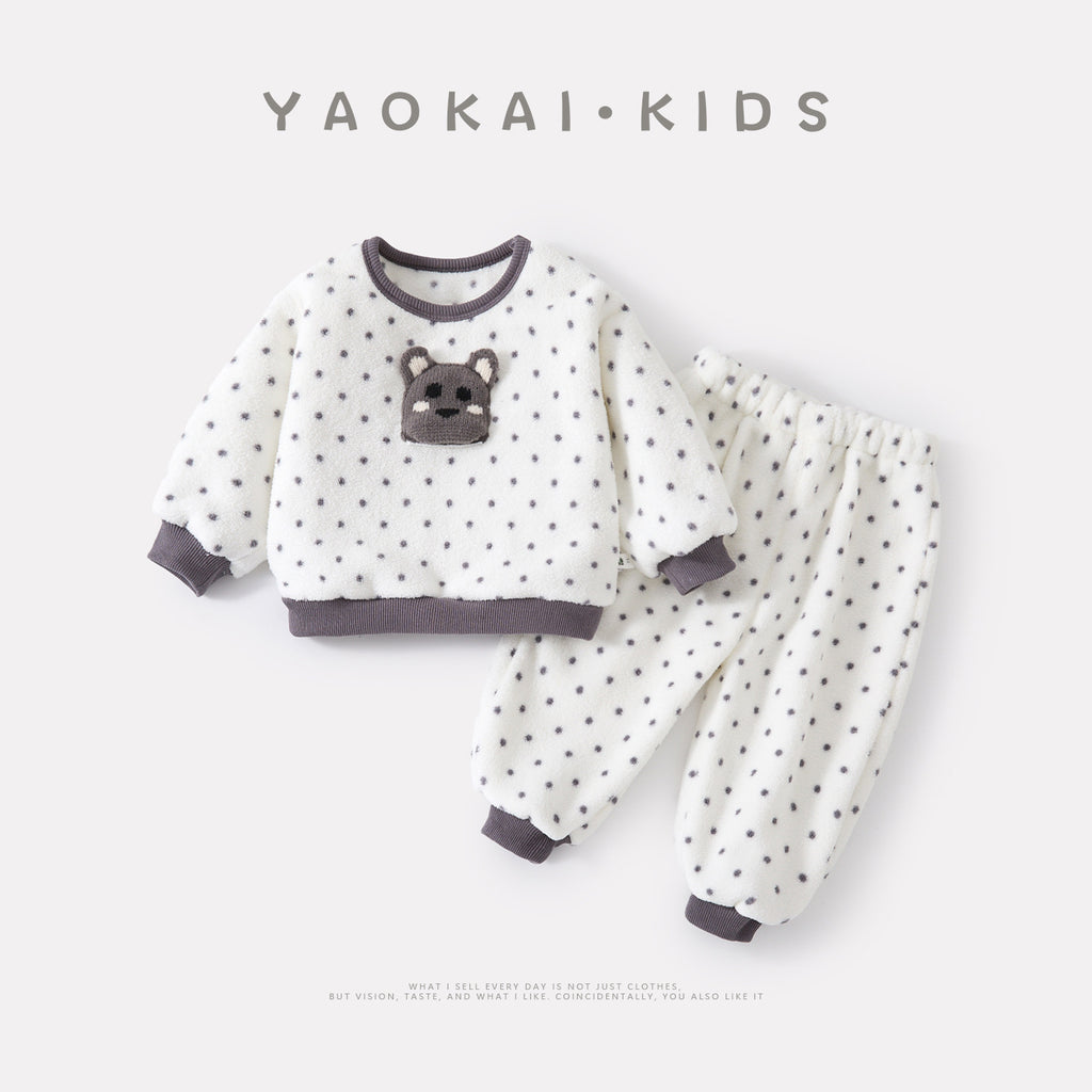 Polka Dot Fuzzy Loungewear Set for Girls, Thick Warm Two-Piece Home Wear