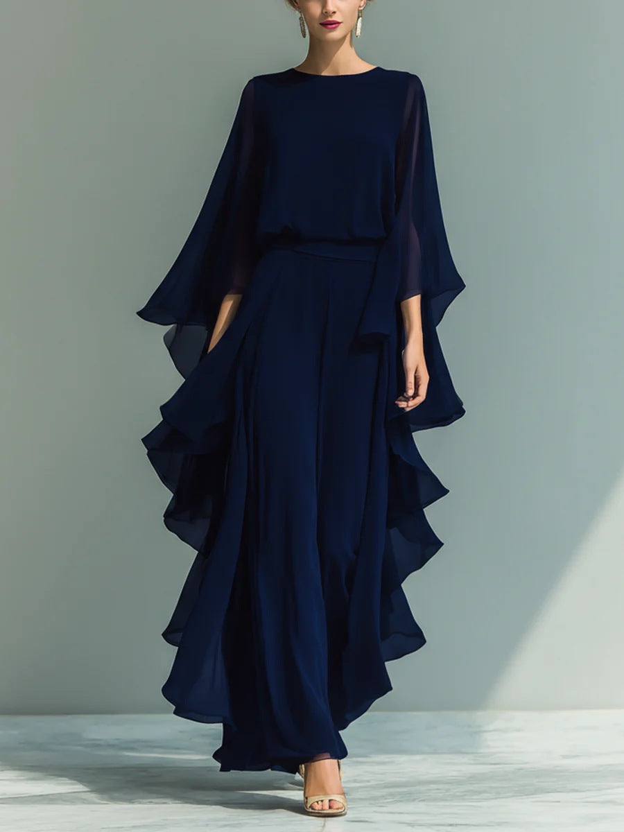 Ladies' Navy Blue Chiffon Top with Flared Sleeves and Straight Leg Pants Set with Ruffle Trim