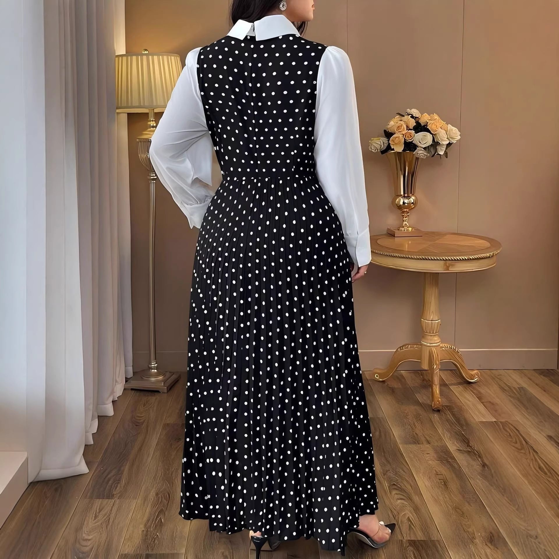 Elegant  Vintage Polka Dot High-Waisted Slim Fit Two-Piece Dress for Women
