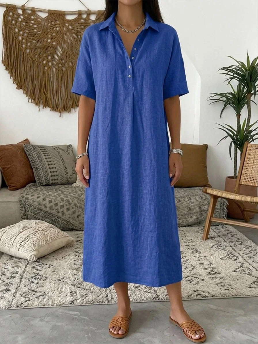 Casual Straight Fit Comfortable Linen Short Sleeve Polo Neck Dress for Women