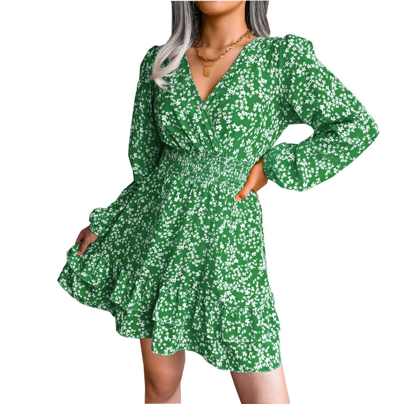 Spring Summer Floral V-Neck Chiffon Dress for Women