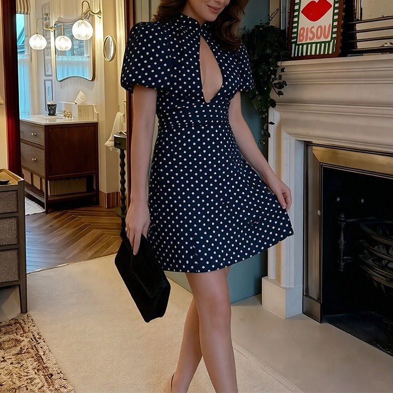 Elegant Polka Dot Dress with Stand Collar and Hollow Design for Women