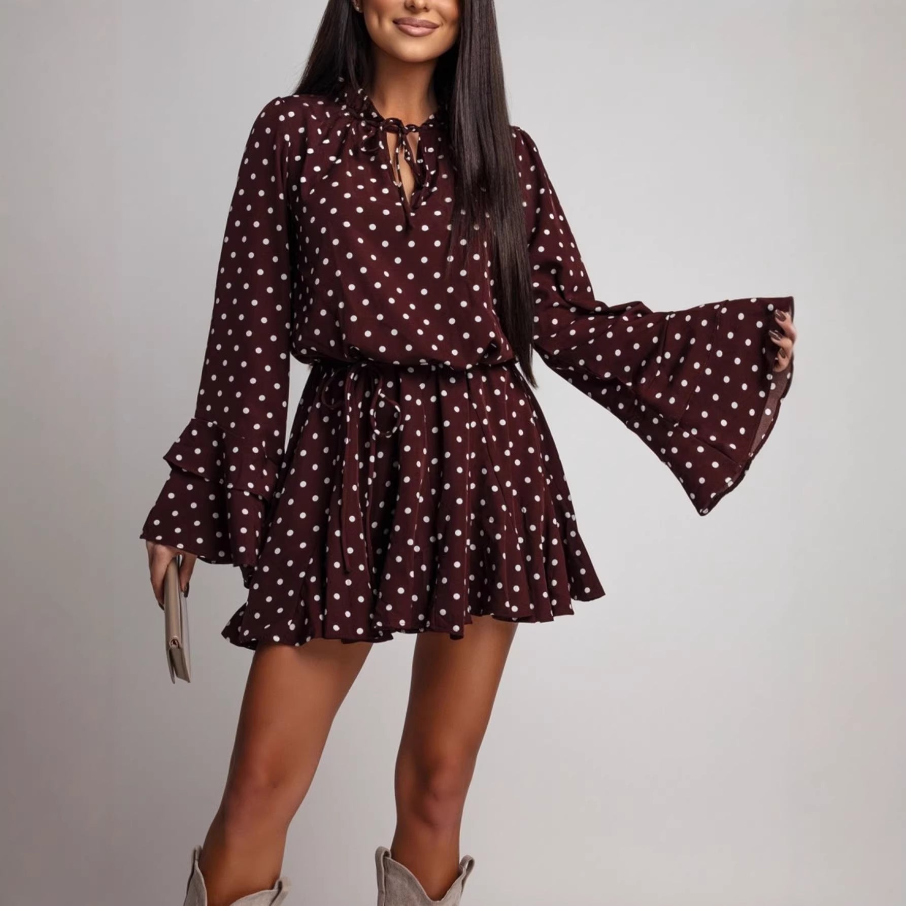 Dotted Dress French Sweet V-Neck Long Sleeve Elastic Waist Plus Size Dress