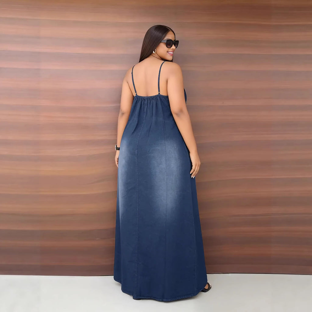 Casual Faded Side Pocket Loose Strap Denim Dress