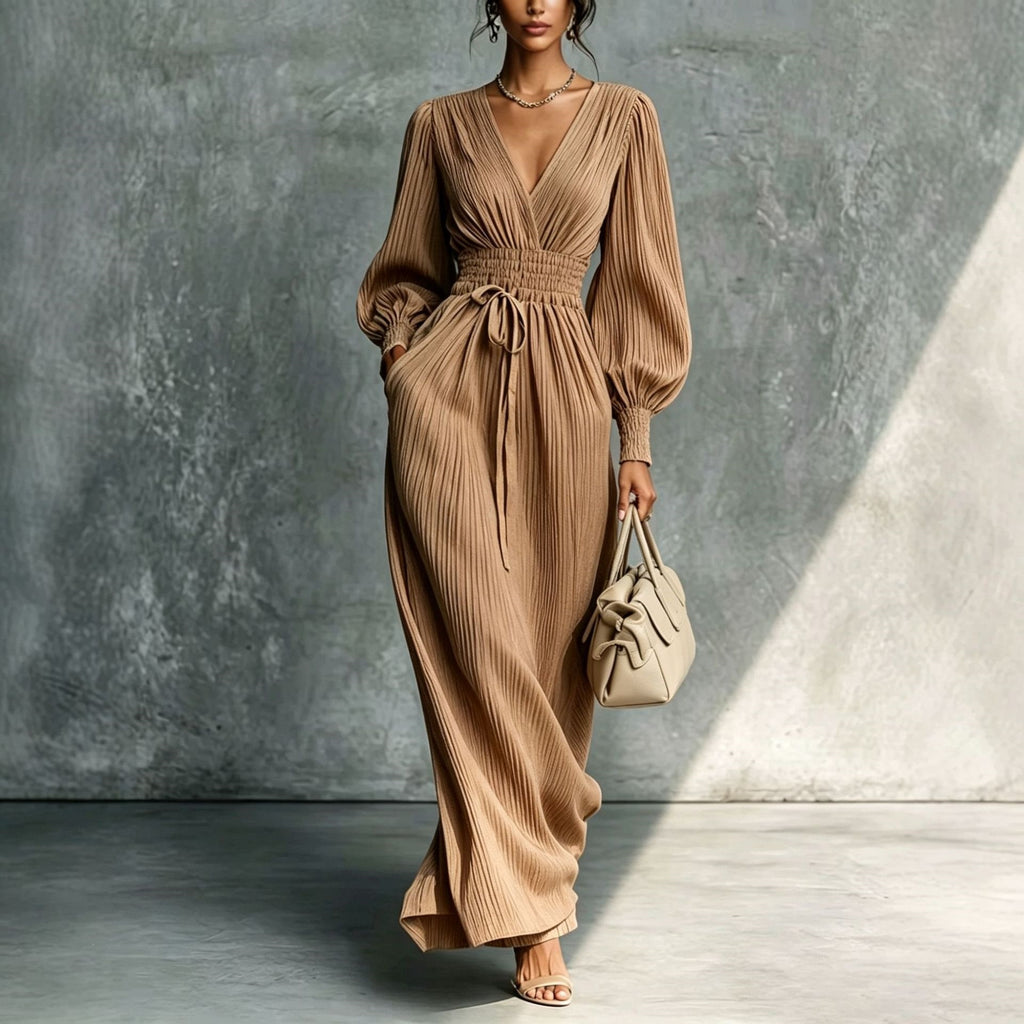 Solid color casual waist cinched long sleeved dress