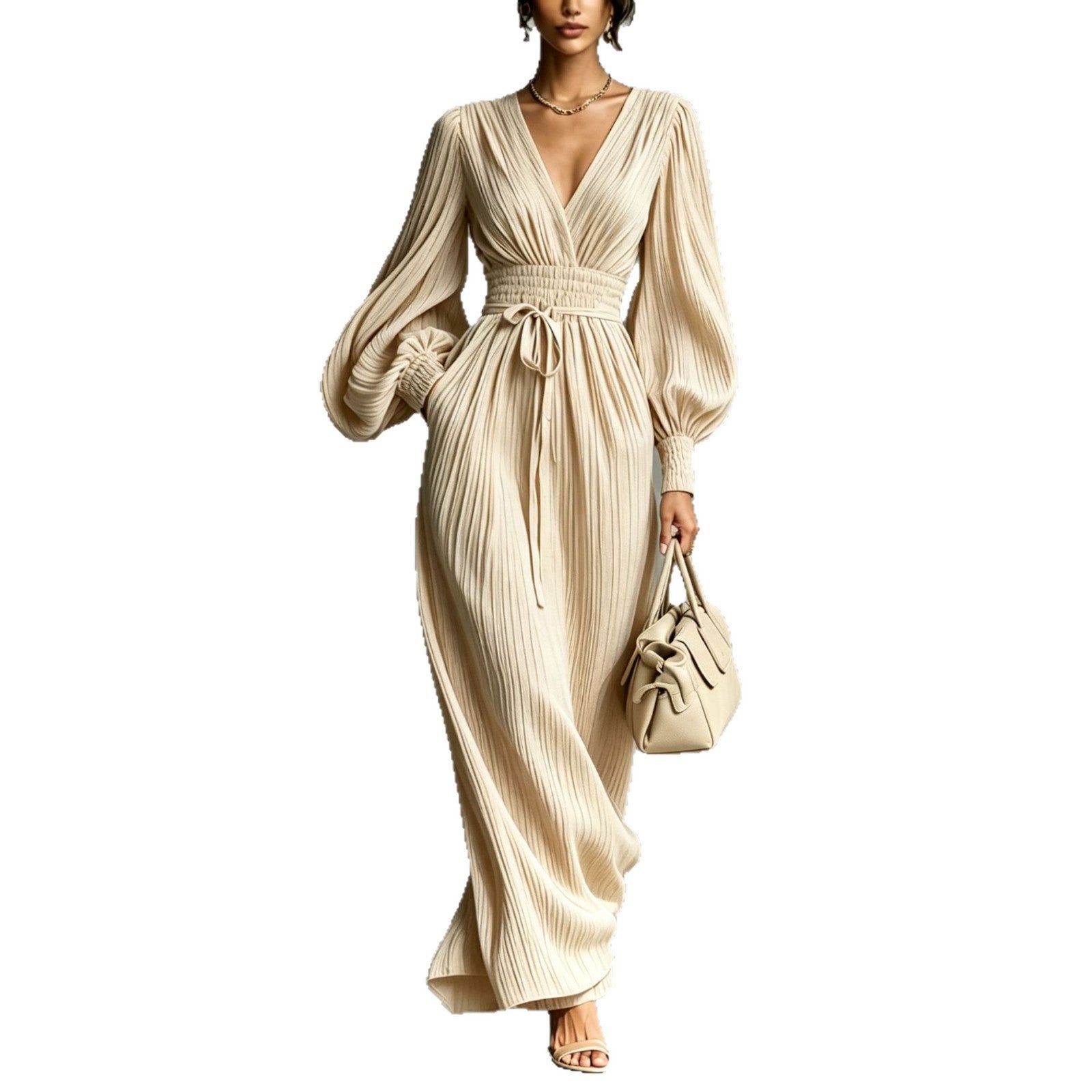Solid color casual waist cinched long sleeved dress
