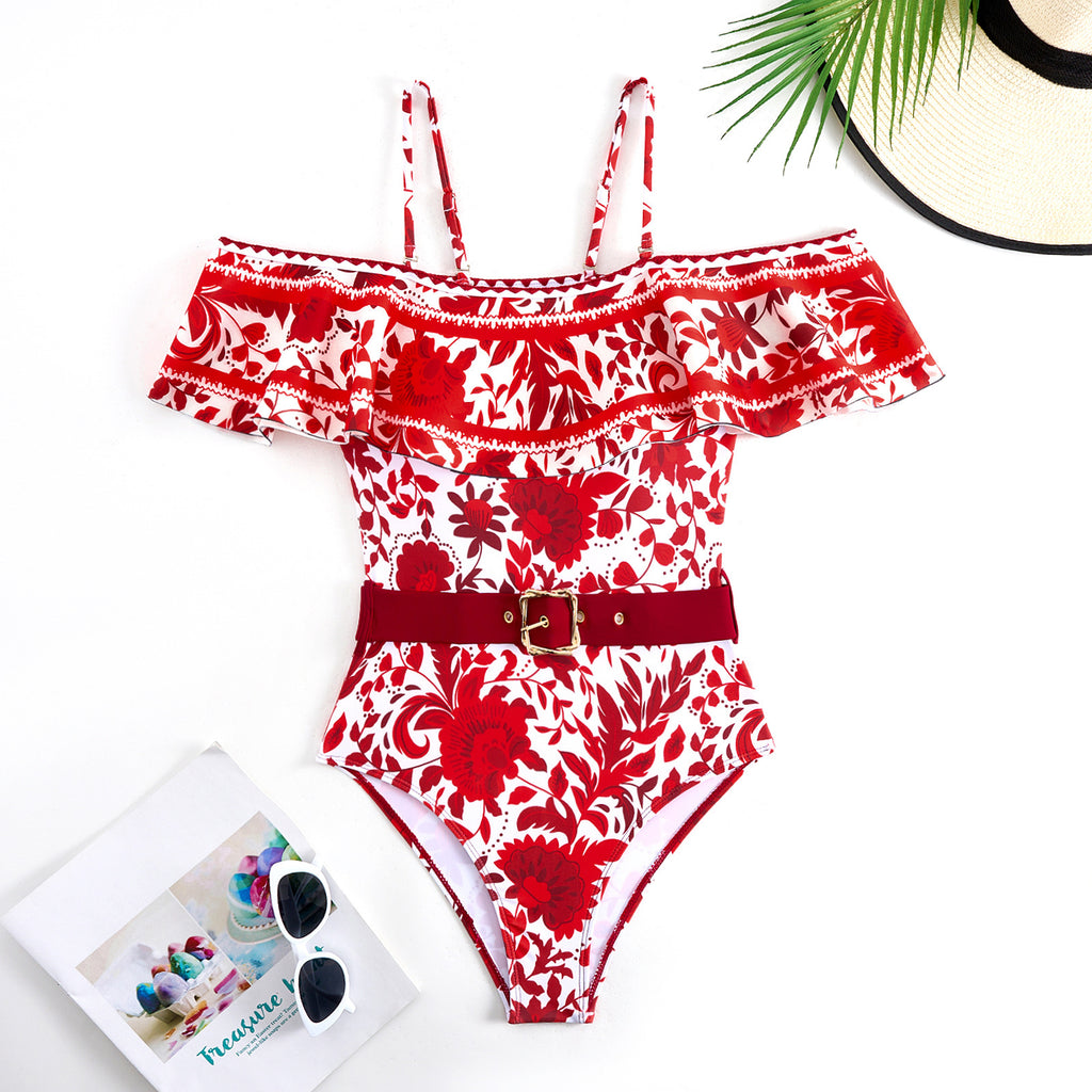 Fashion Sexy Two-Piece Swimsuit for Women with Chiffon Skirt and Vintage Print Swimwear Set