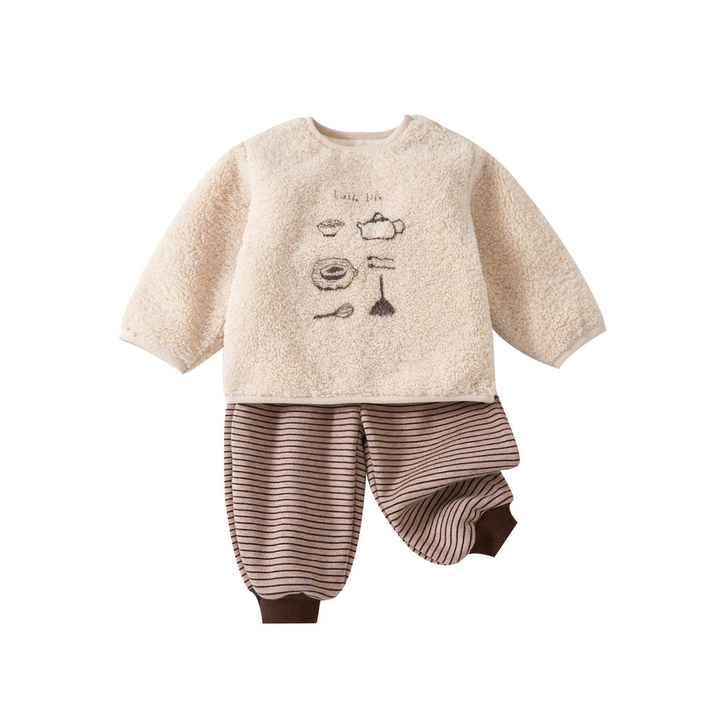 Fleece Outfit Set  Thickened Hoodie and Striped Pants Two-Piece Set