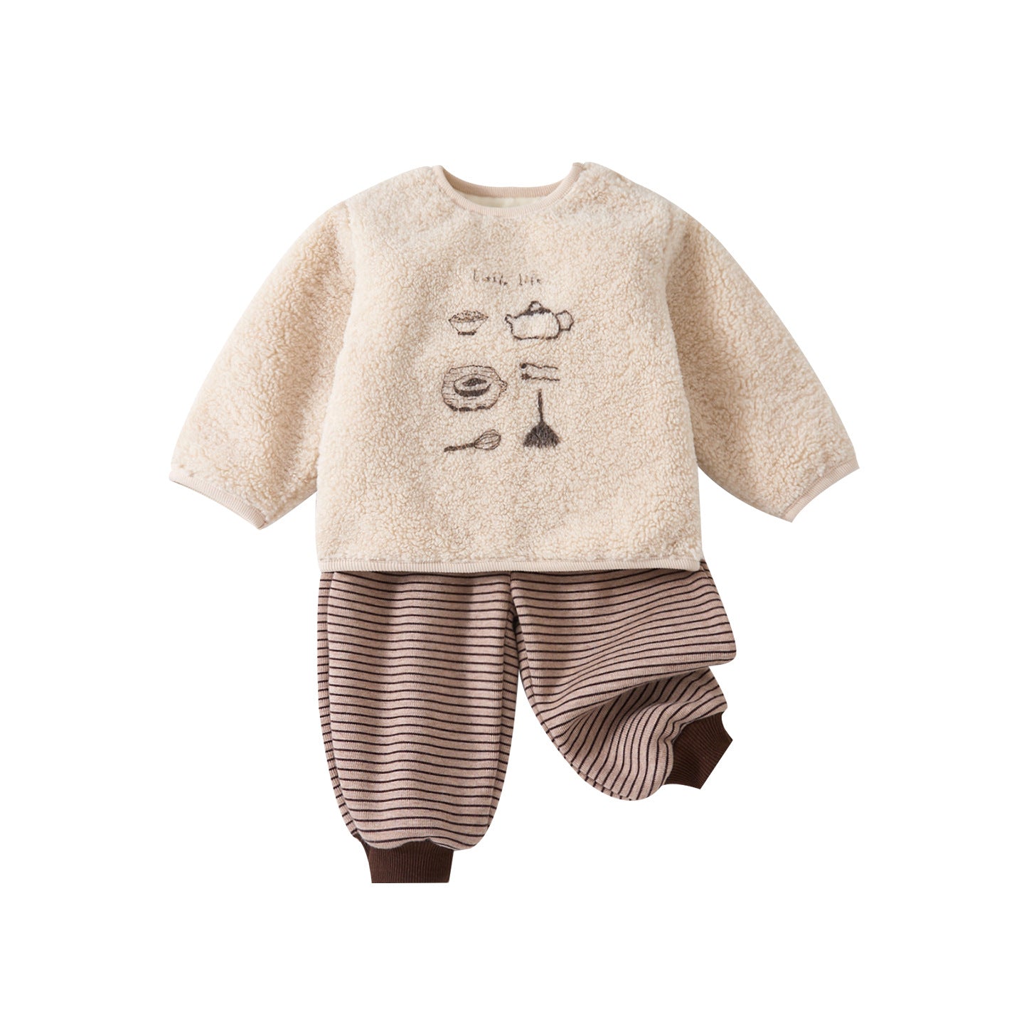 Fleece Outfit Set  Thickened Hoodie and Striped Pants Two-Piece Set