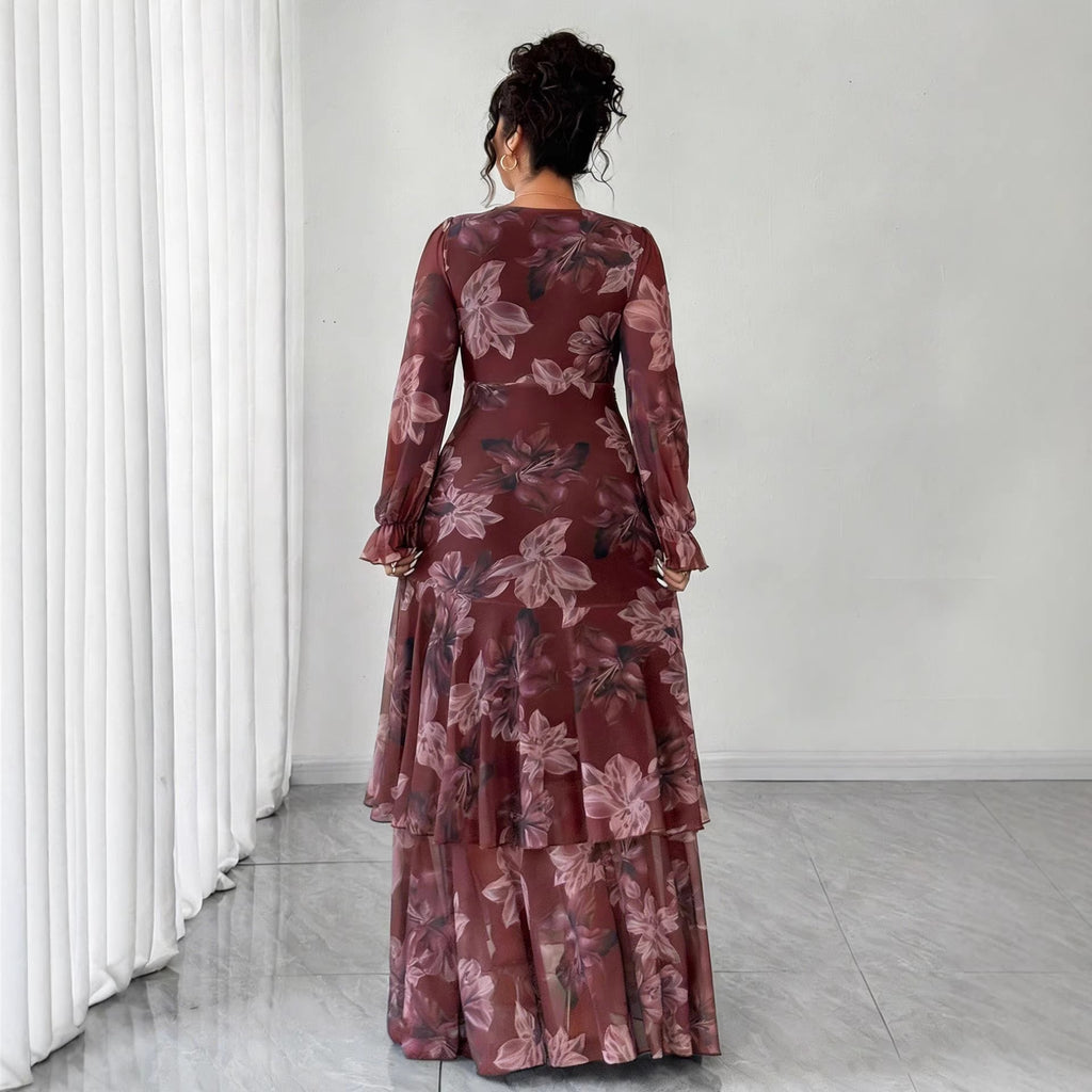 Fashion Printed Chiffon French V-Neck Fitted Waist Flared Maxi Dress for Women
