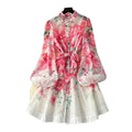 Stand up collar single breasted lantern sleeve dress